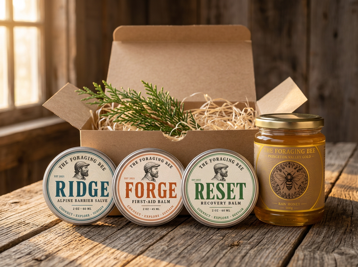 The Christmas Hive Box open on barn wood with three salve tins and a 355 ml honey jar, cattle pasture behind