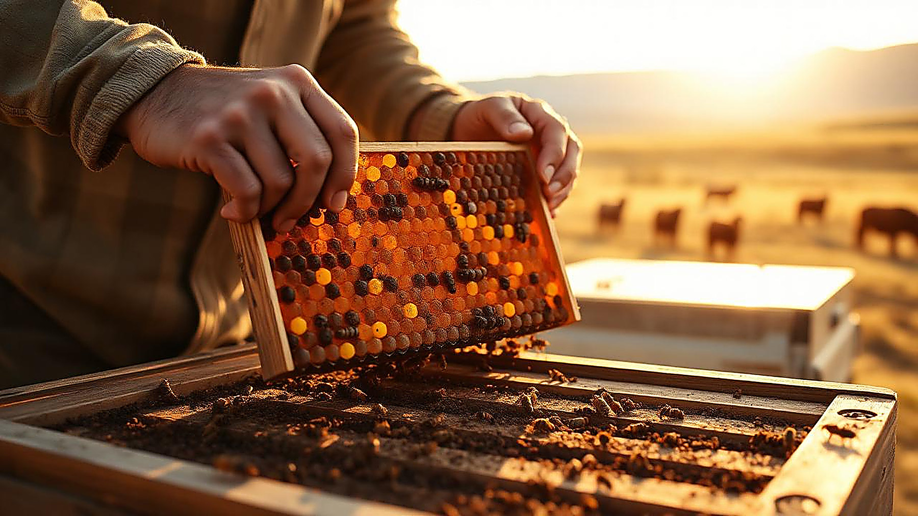 A beekeeper reading a natural brood frame in warm field light