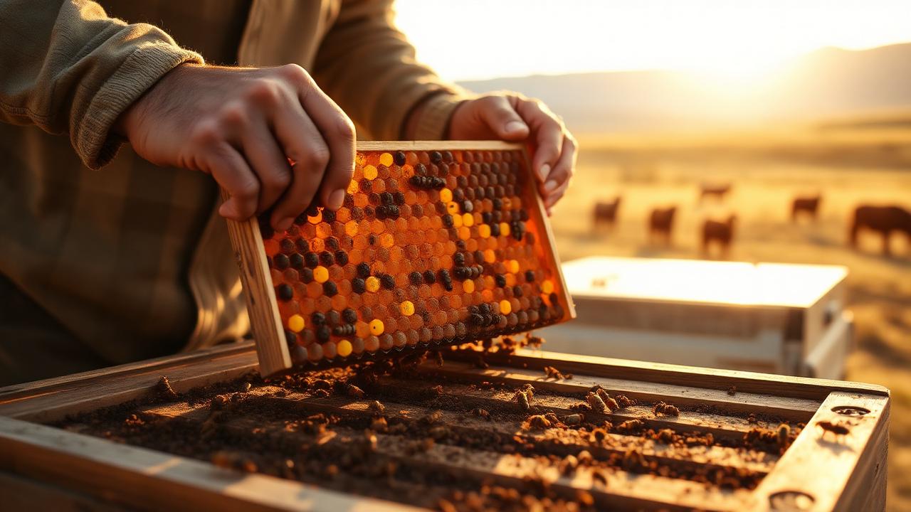 Beekeeper lifting a frame of capped brood in evening light above a Similkameen cattle pasture