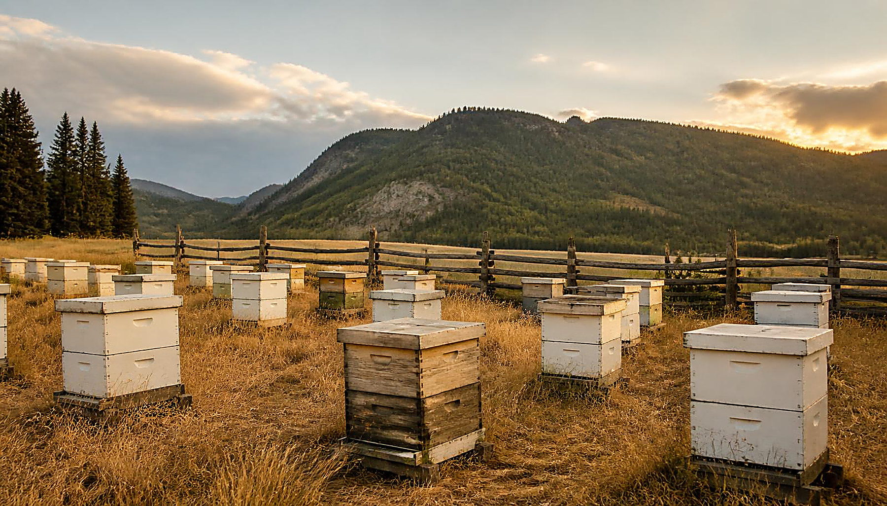 Rows of hives in a rustic cattle-field apiary below Princeton mountain ridges at golden hour