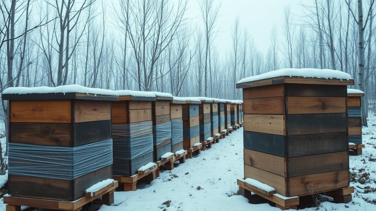 Wrapped beehives standing in snow in a winter apiary