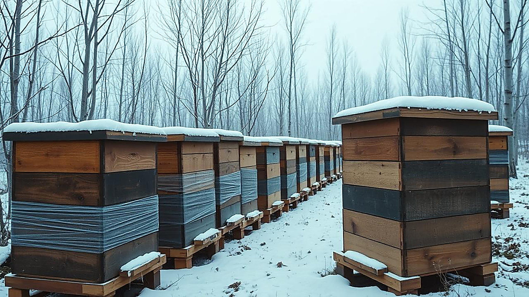 Wrapped wooden beehives standing in snow during a cold-climate winter