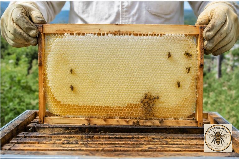 Illustrative image: gloved hands holding a pale naturally built comb frame vertically over an open hive; not a verified photograph of Mark’s colonies.