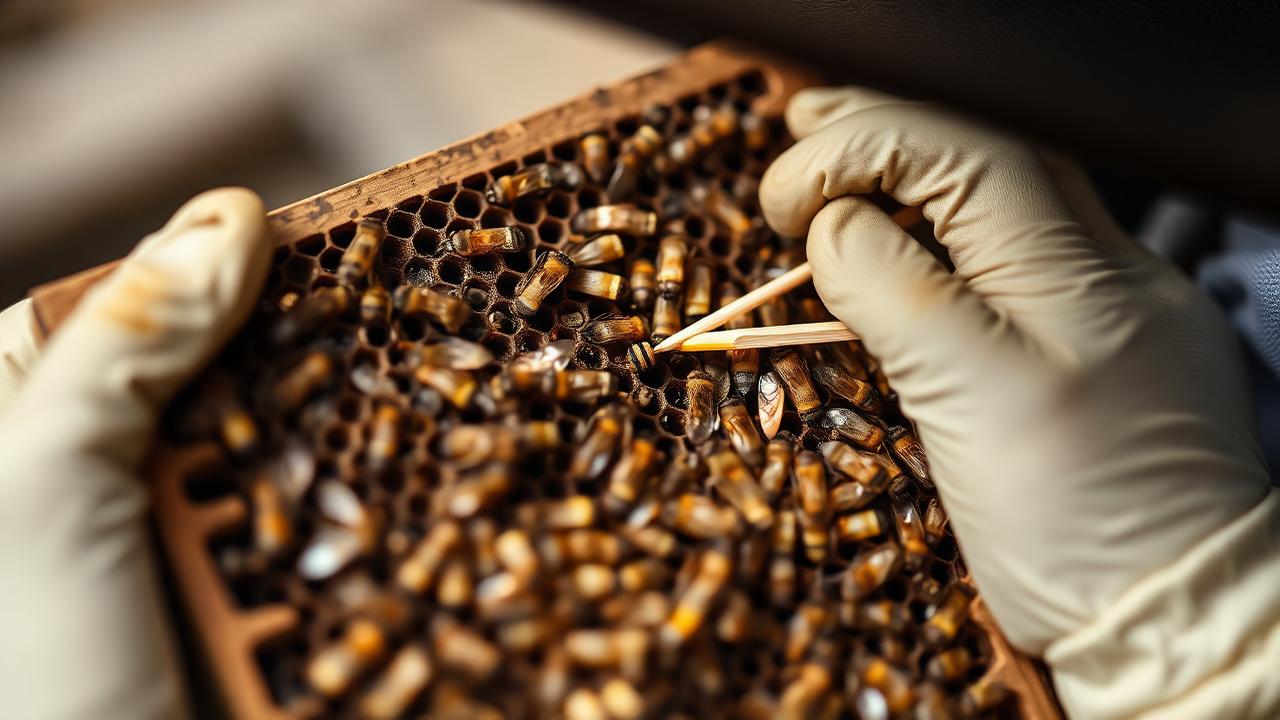 Gloved beekeeper probing a cell on a patchy brood frame with a matchstick