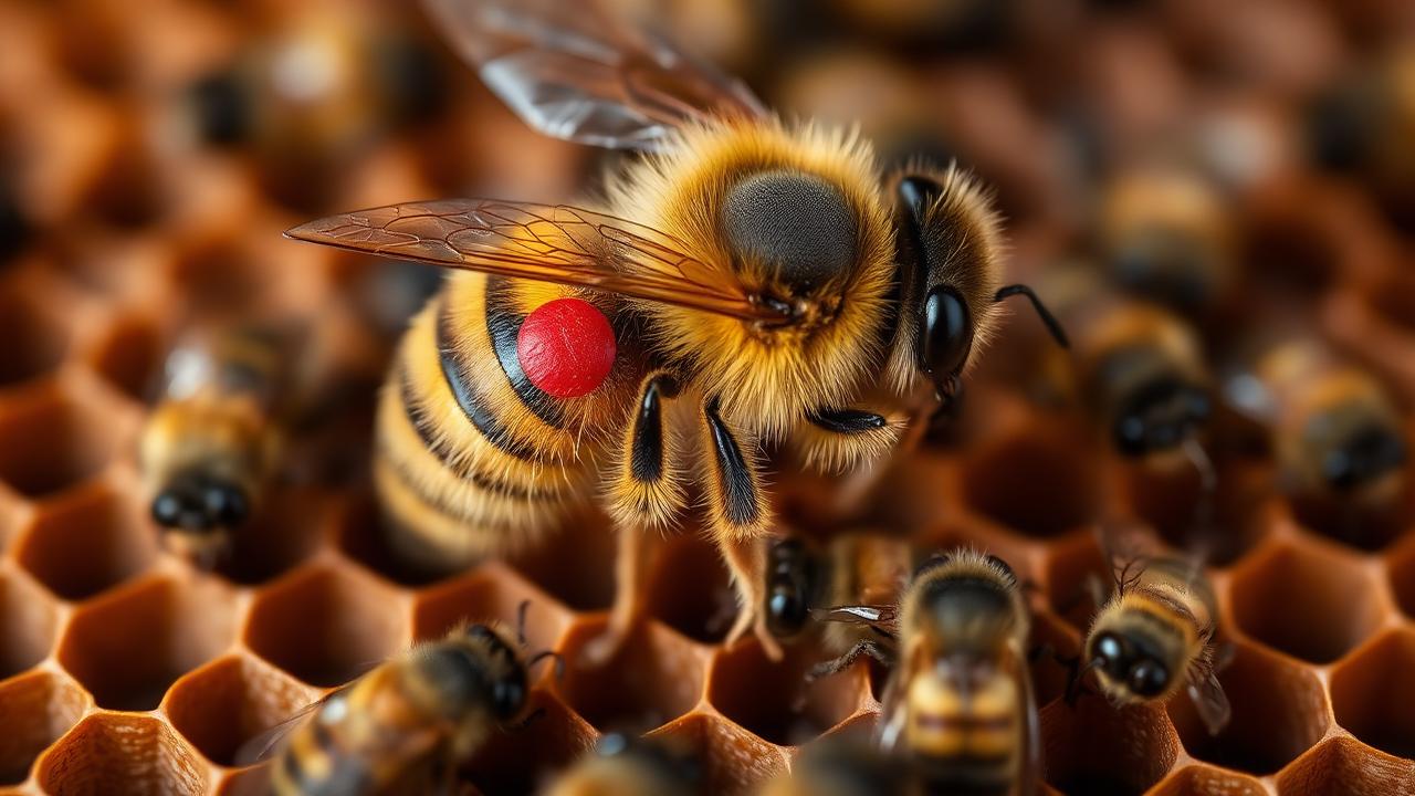 Marked honeybee queen with a paint dot on her thorax surrounded by her retinue