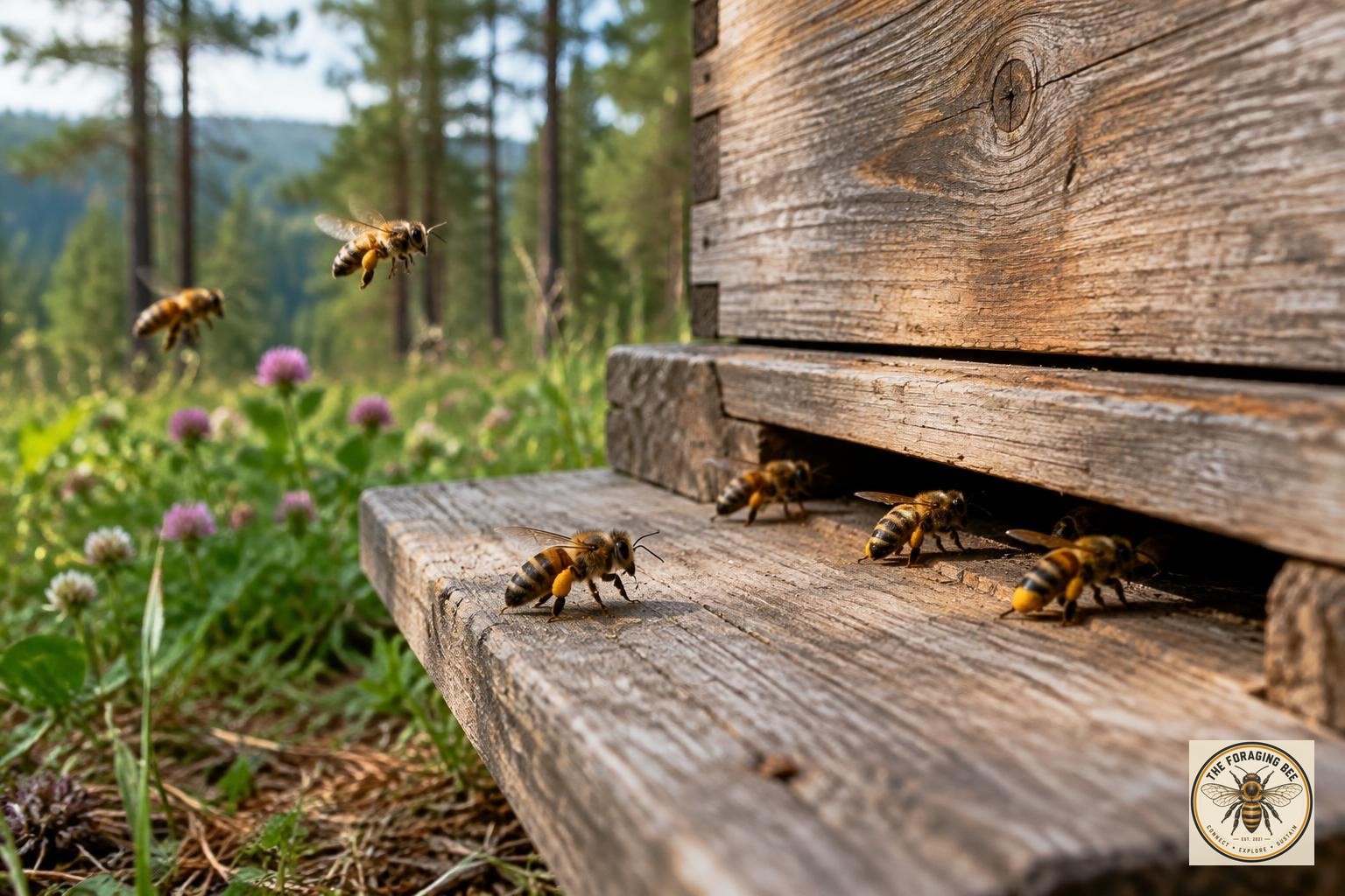 Marked honeybee queen with a paint dot on her thorax surrounded by her retinue