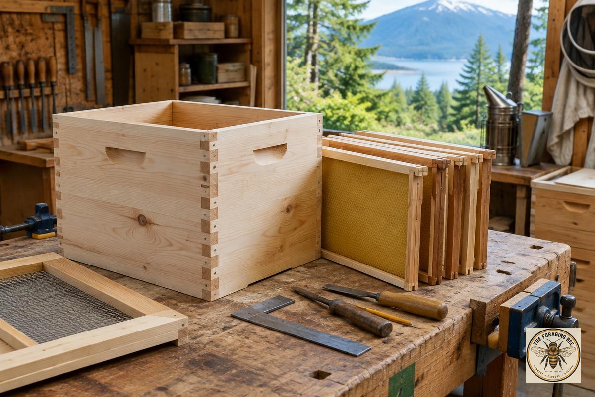 Illustrative image: unfinished wooden hive box and removable frames on a workshop bench; not a verified photograph of Mark’s apiary.