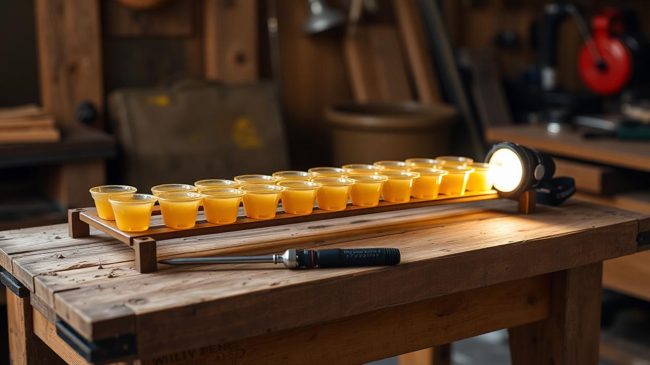 Cell bar frame of wax queen cups with a grafting tool on a workshop bench