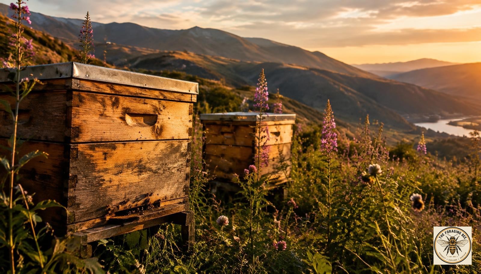 Illustrative image: weathered beehives among fireweed and clover on a mountain hillside at sunset; not a verified photograph of Mark’s colonies.