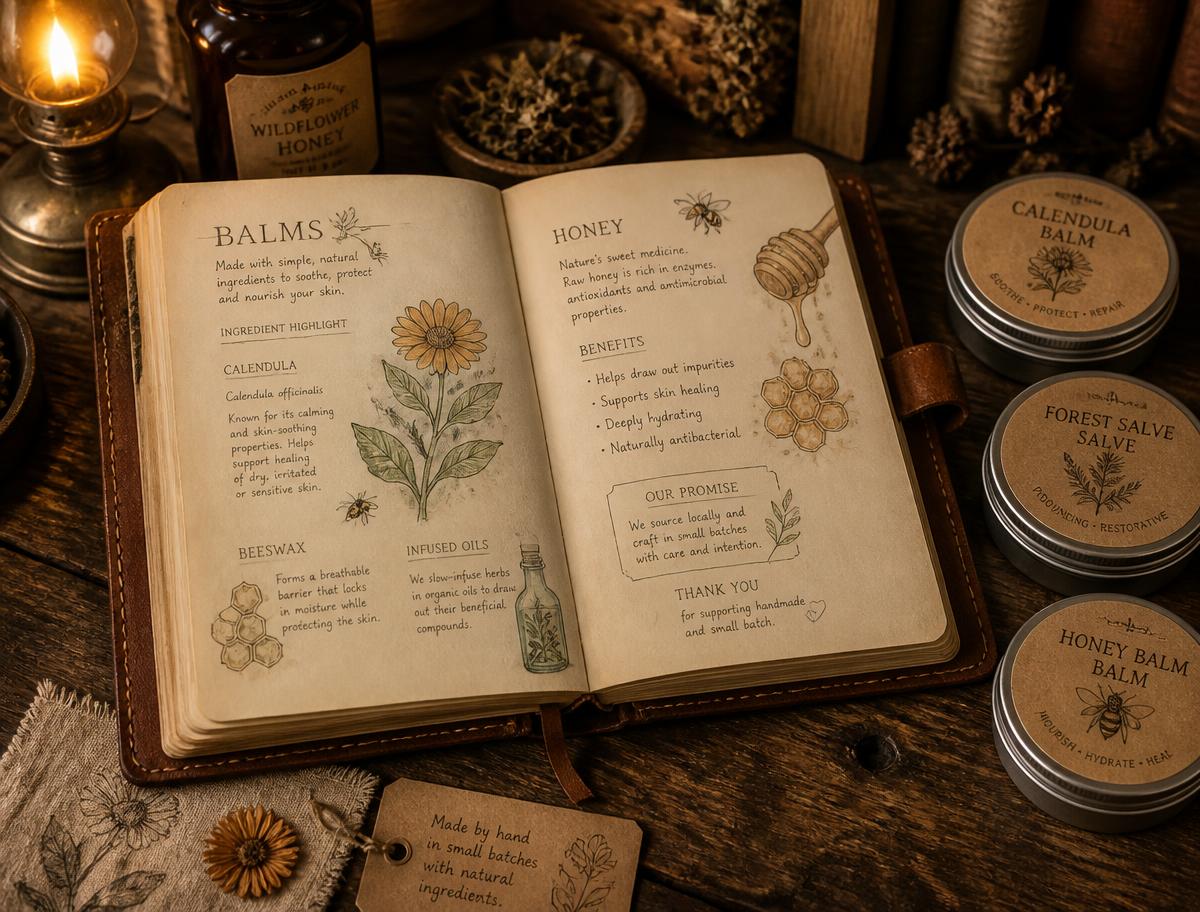 The Foraging Bee bench book open to hand-drawn botanical product notes