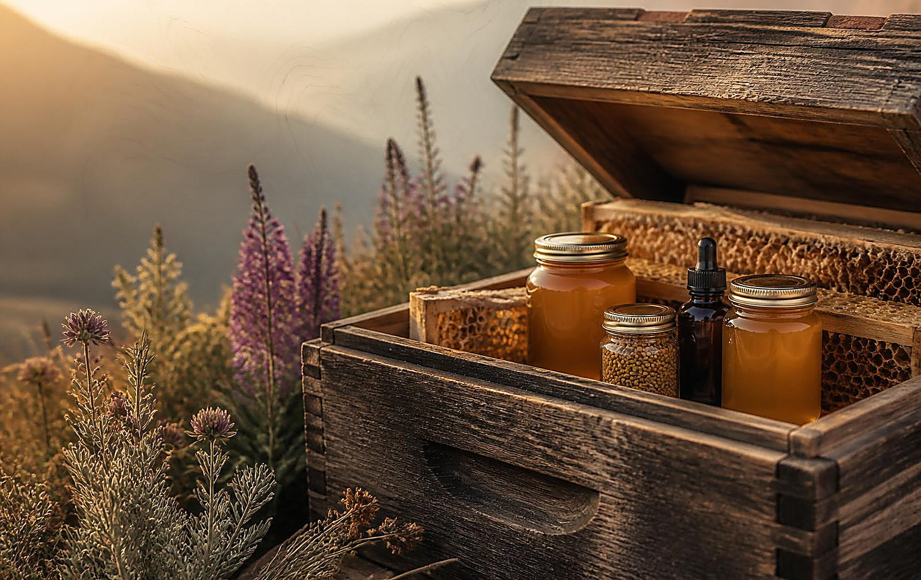 Raw honey jars, wildflower pollen and propolis tincture nestled inside a rustic wooden hive box surrounded by Similkameen botanicals