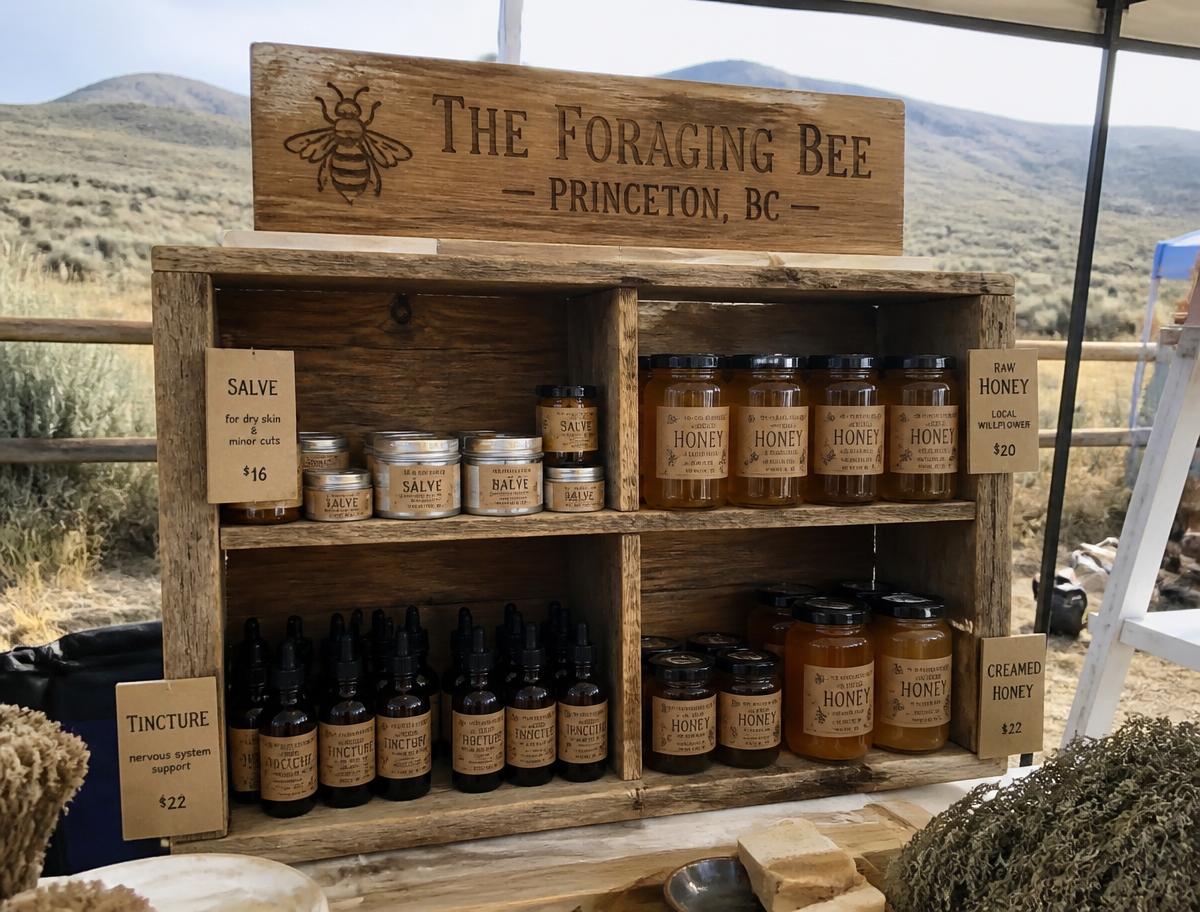 The Foraging Bee custom hive-box display shelf stocked with tins, honey and tinctures