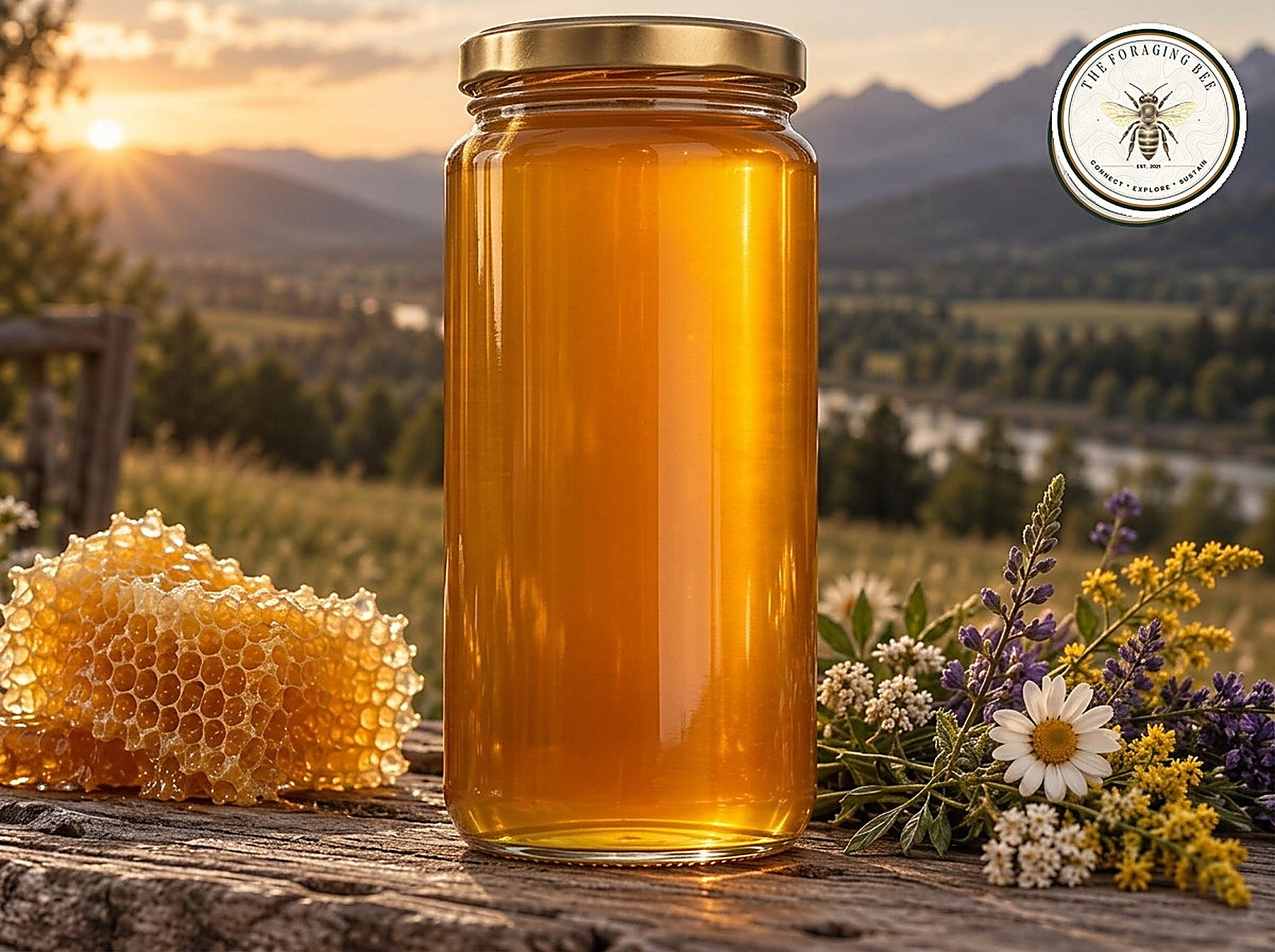 1 kg glass jar of Princeton Valley Gold raw honey on barn wood