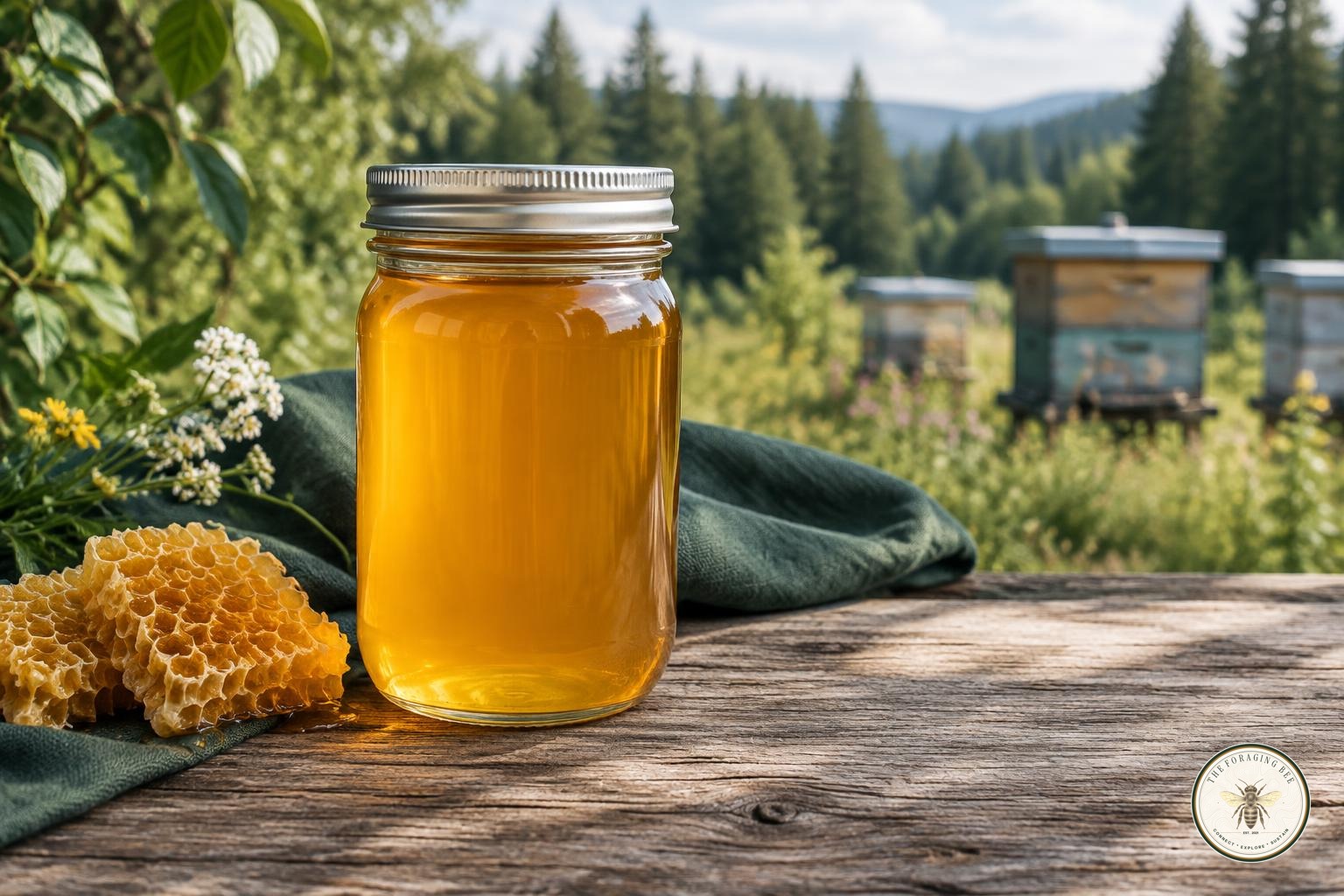 Bare Mason jar of golden raw honey beside wildflowers and beehives, with The Foraging Bee seal