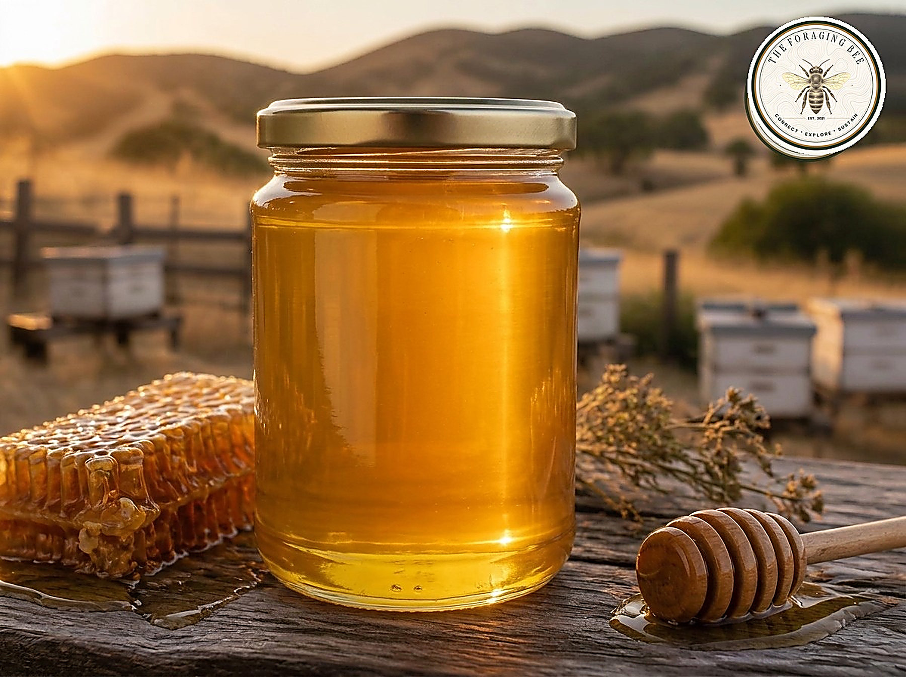 A bare glass jar of raw Princeton Valley Gold honey