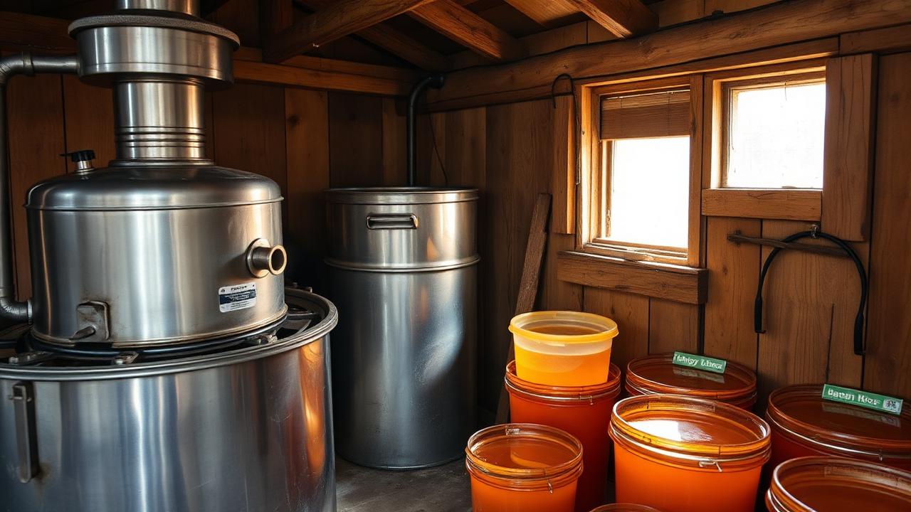 Rustic honey house with stainless extractor, settling tank and buckets of raw honey