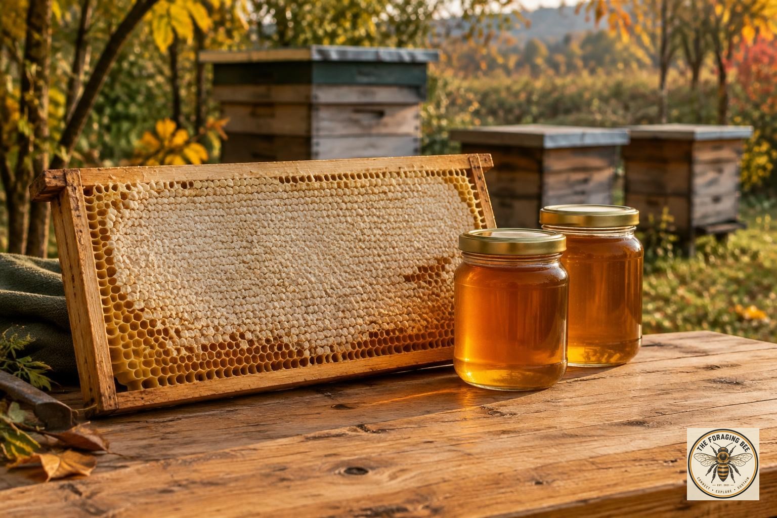 Rustic honey house with stainless extractor, settling tank and buckets of raw honey