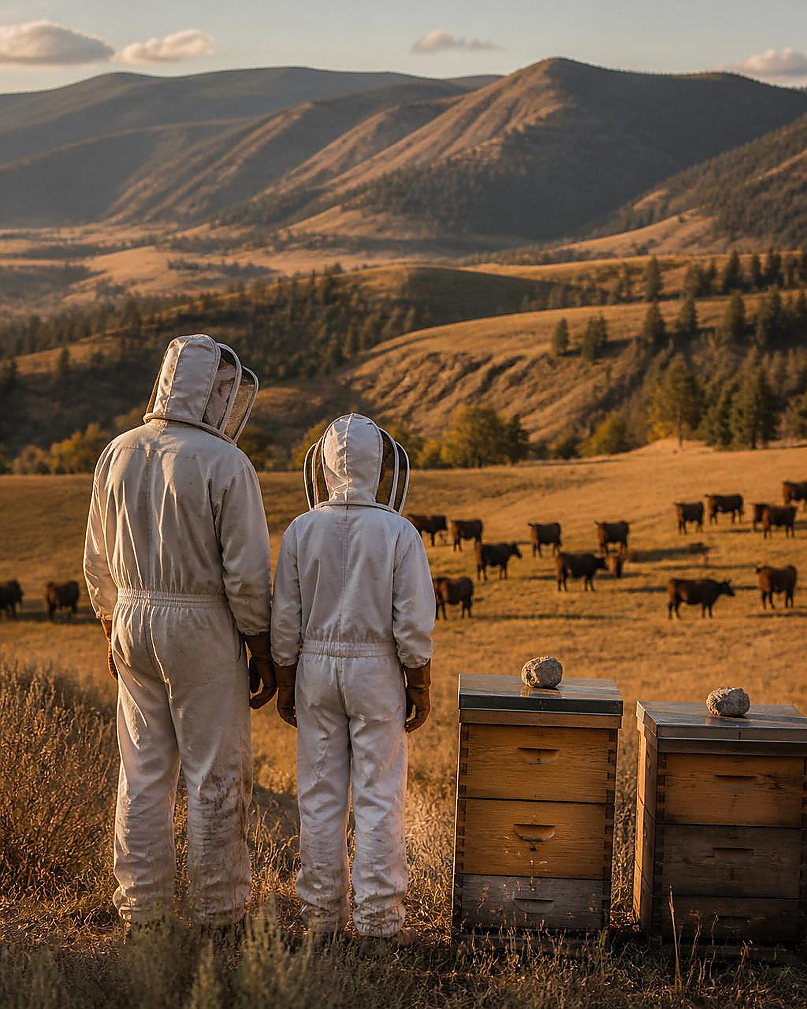 A beekeeper and an adolescent youth in matching white bee suits stand beside two hives, looking out over the Similkameen Valley mountains and cattle pasture