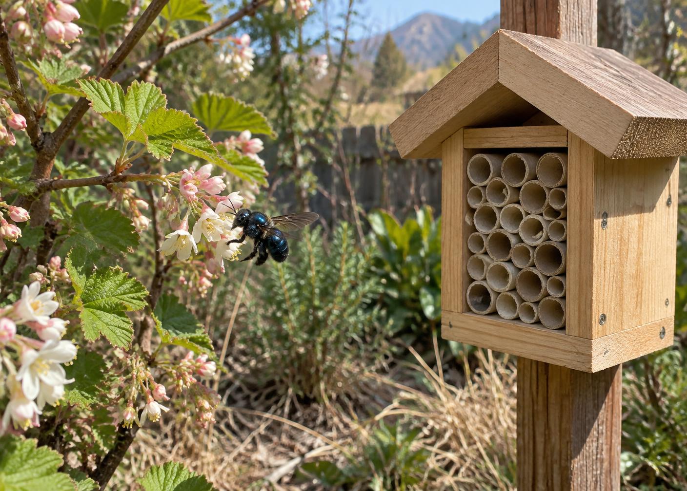 Illustrative mason bee visiting spring flowers beside a small nesting shelter with replaceable tubes