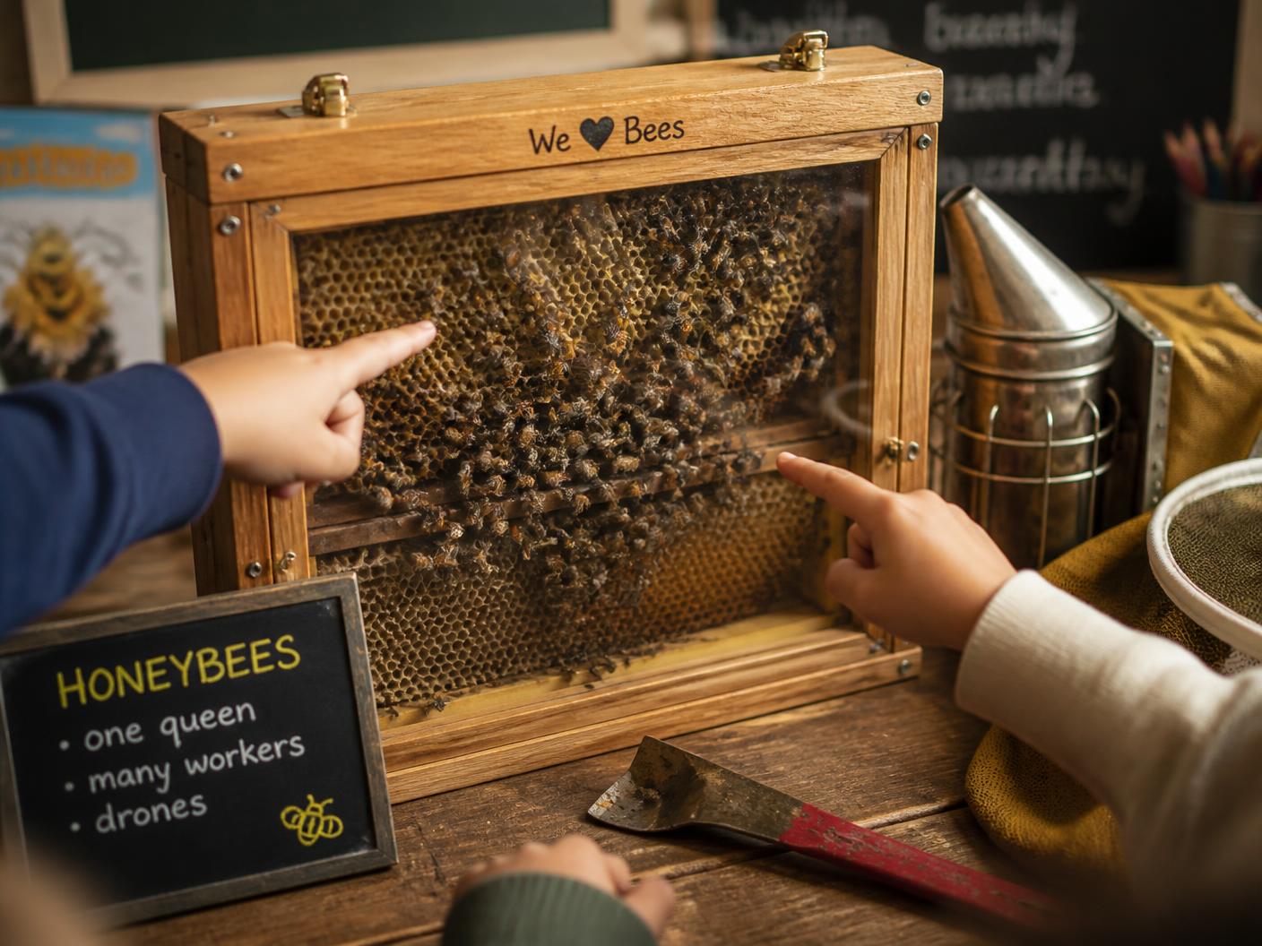Children pointing at live honeybees on comb inside a wooden glass observation hive beside a smoker and hive tool