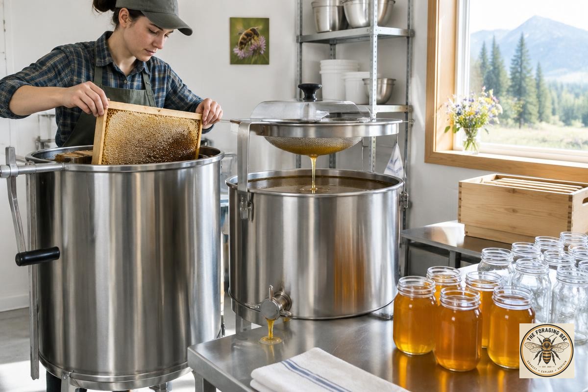 Illustrative image: small-scale honey extraction equipment and bare glass honey jars; not a verified photograph of Mark’s apiary.