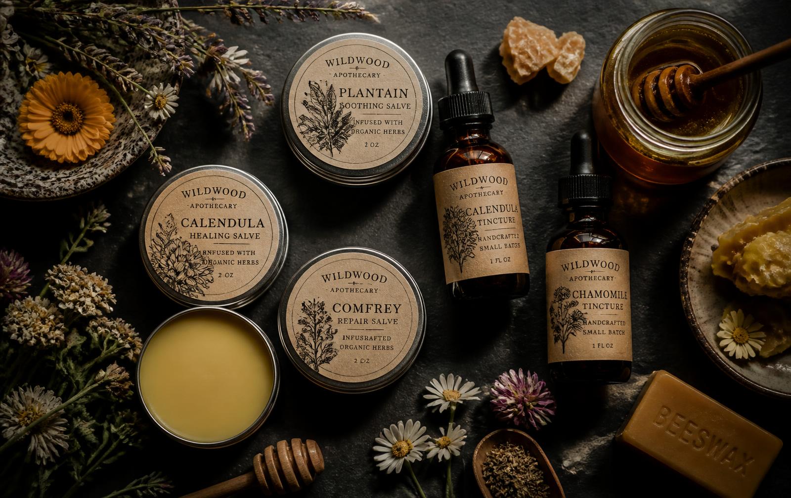 Salve tins, propolis tincture and raw honey arranged on dark slate