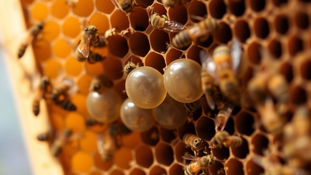 Macro view of queen cells drawn on the face of a brood frame
