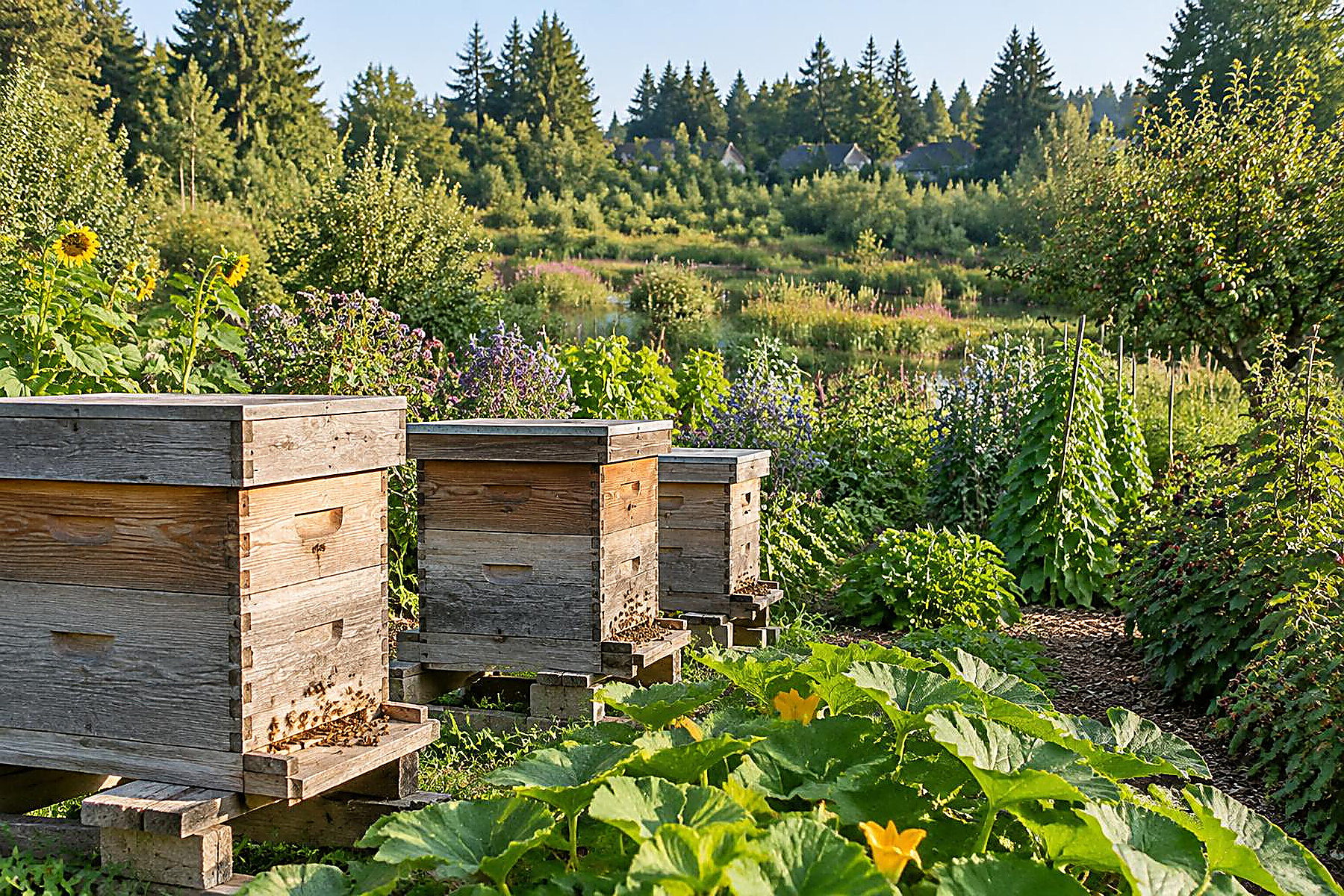 Rustic reclaimed-wood beehives among fruit, vegetables and lush bog-edge flora at Rain Bird Farms in North Delta
