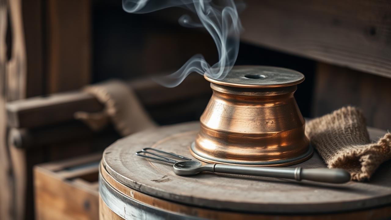 Copper bee smoker with cool white smoke on a weathered hive lid beside a hive tool