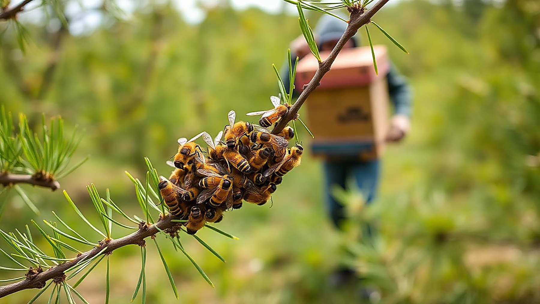 A honey bee swarm clustered naturally on a tree branch