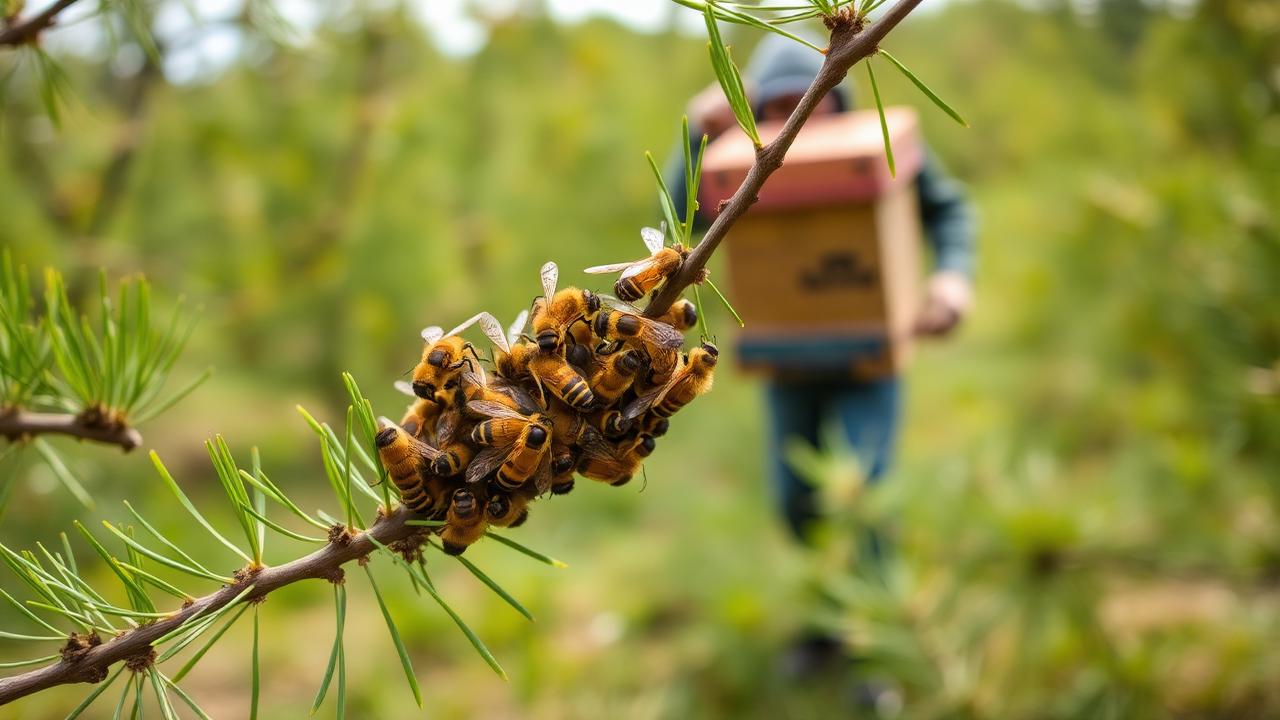 Honeybee swarm clustered on a pine branch with a beekeeper and swarm box behind