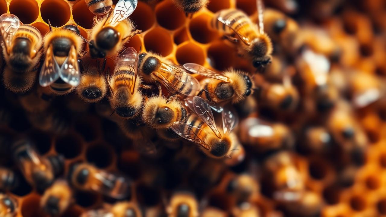 Macro view of honeybees clustered and fanning across capped comb