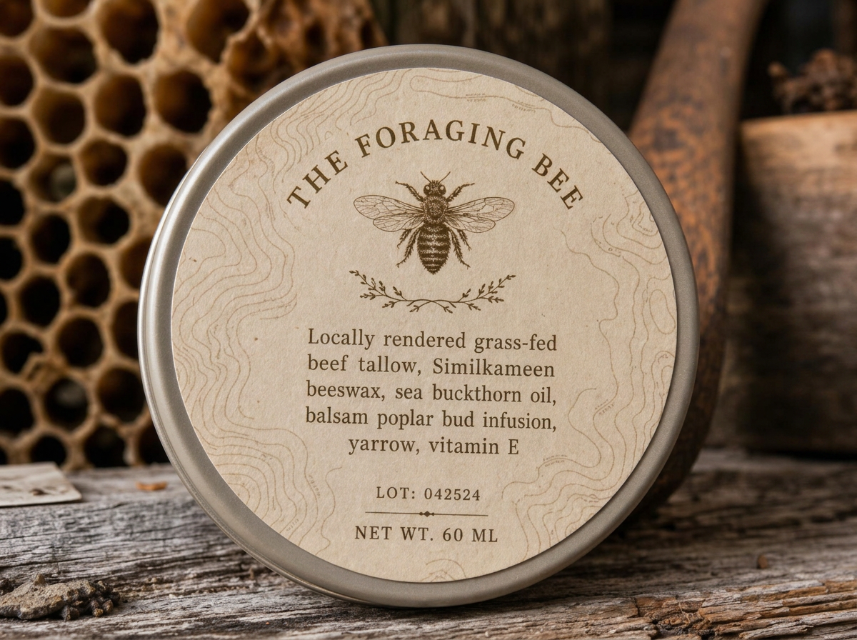 Back of a Foraging Bee 2 oz tin: ingredient deck led by locally rendered grass-fed beef tallow
