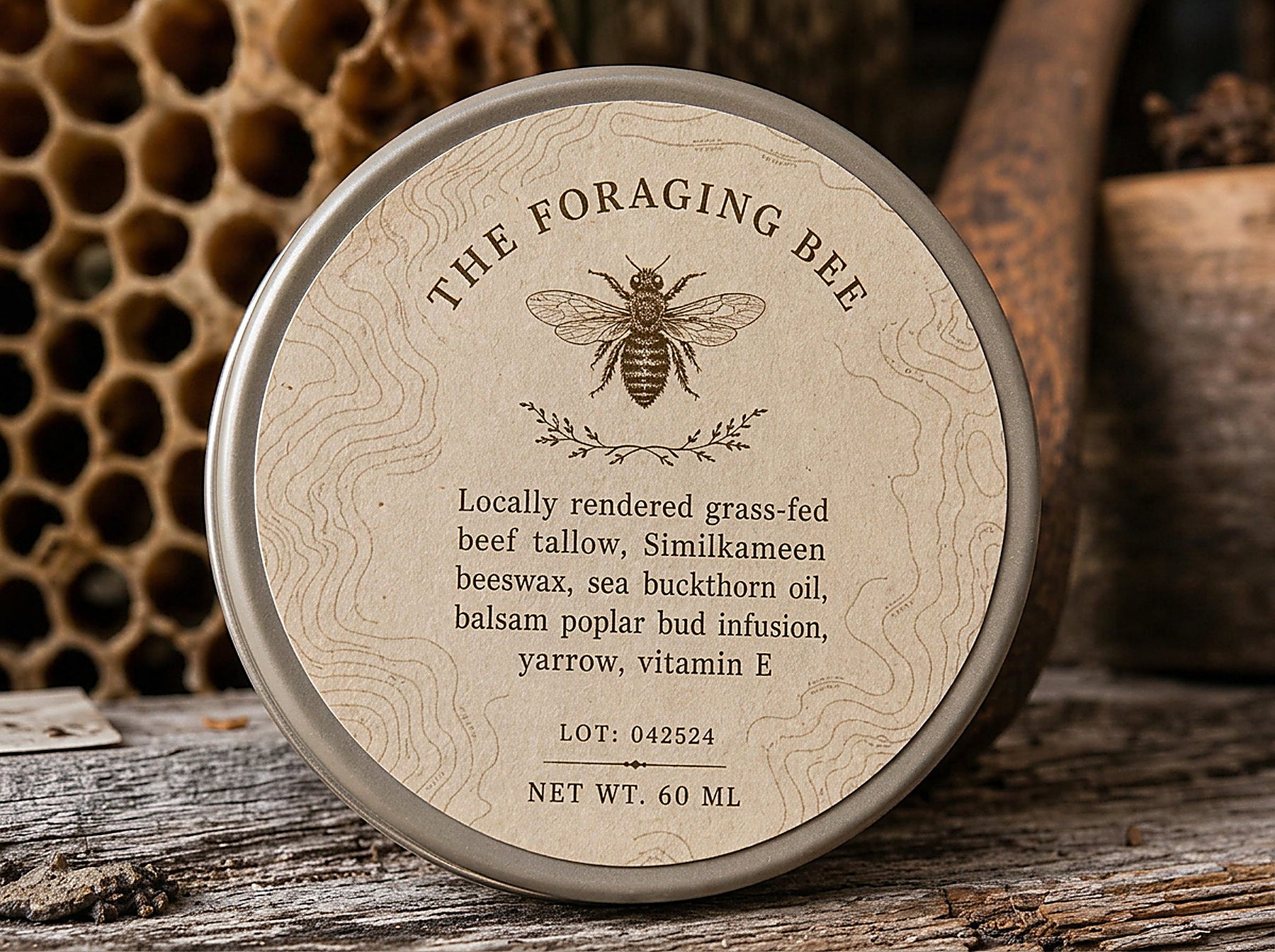 Back of a Foraging Bee 2 oz tin: ingredient deck led by locally rendered grass-fed beef tallow