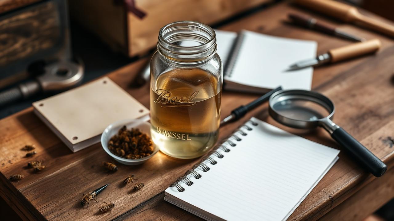 Alcohol wash jar, scoop, notebook and magnifier on a rustic workbench