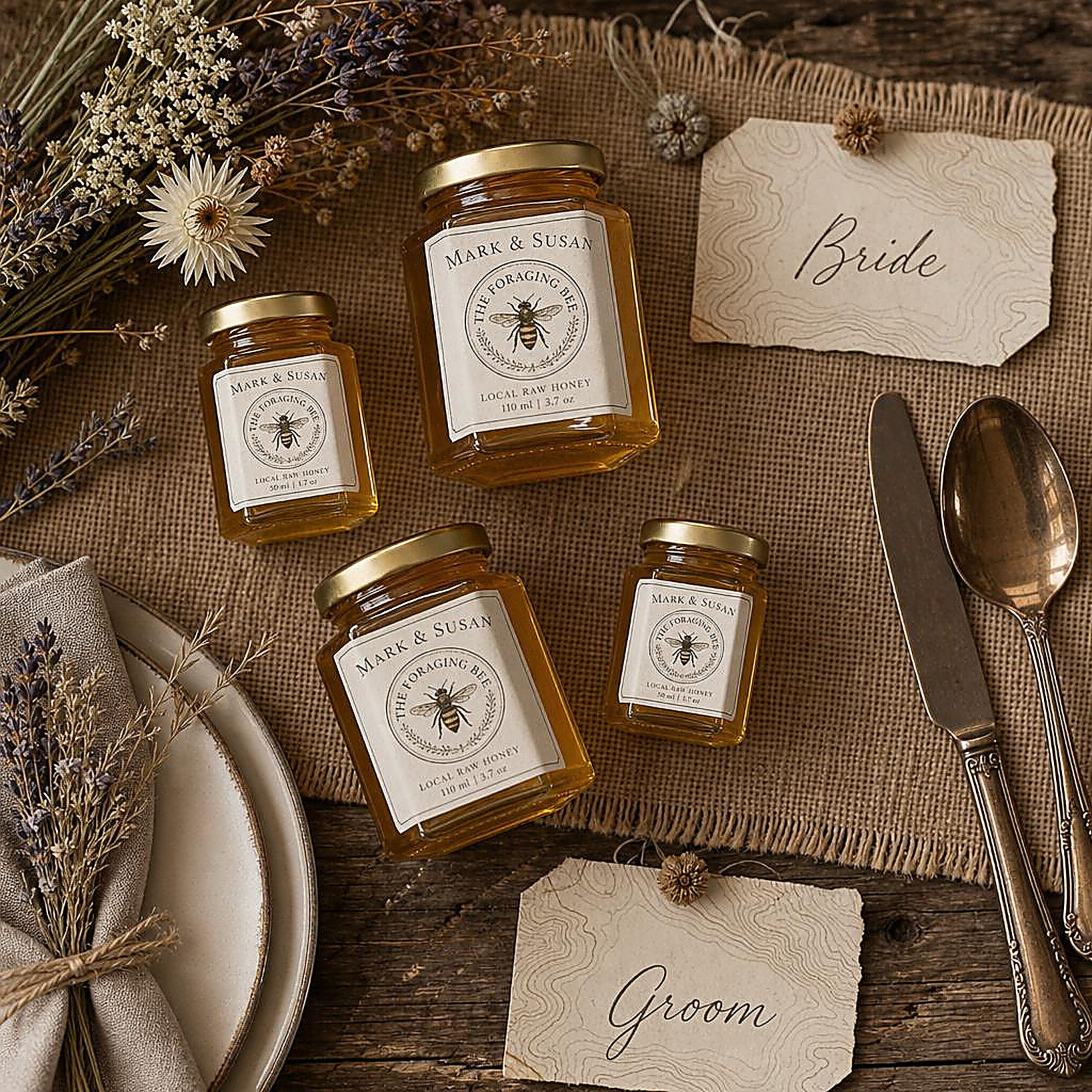 Place setting flat lay with 50 ml and 110 ml honey favour jars