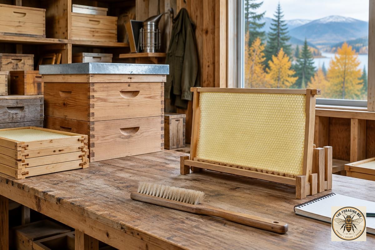 Illustrative image: empty hive boxes and a drawn comb frame in a dry storage workshop; not a verified photograph of Mark’s apiary.