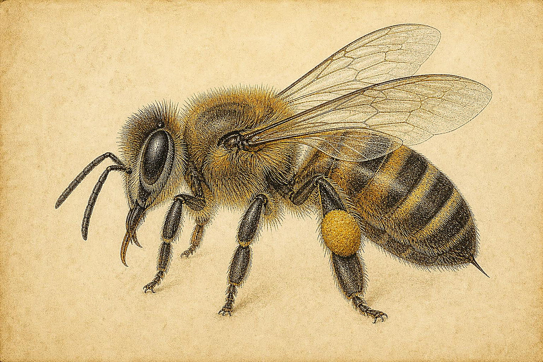 Natural-history illustration of a worker honeybee with 8 numbered anatomical markers