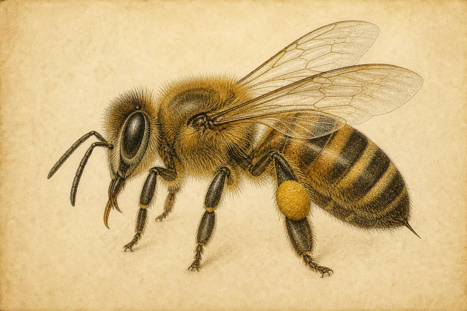 Natural-history illustration of a worker honeybee with 10 numbered anatomical markers